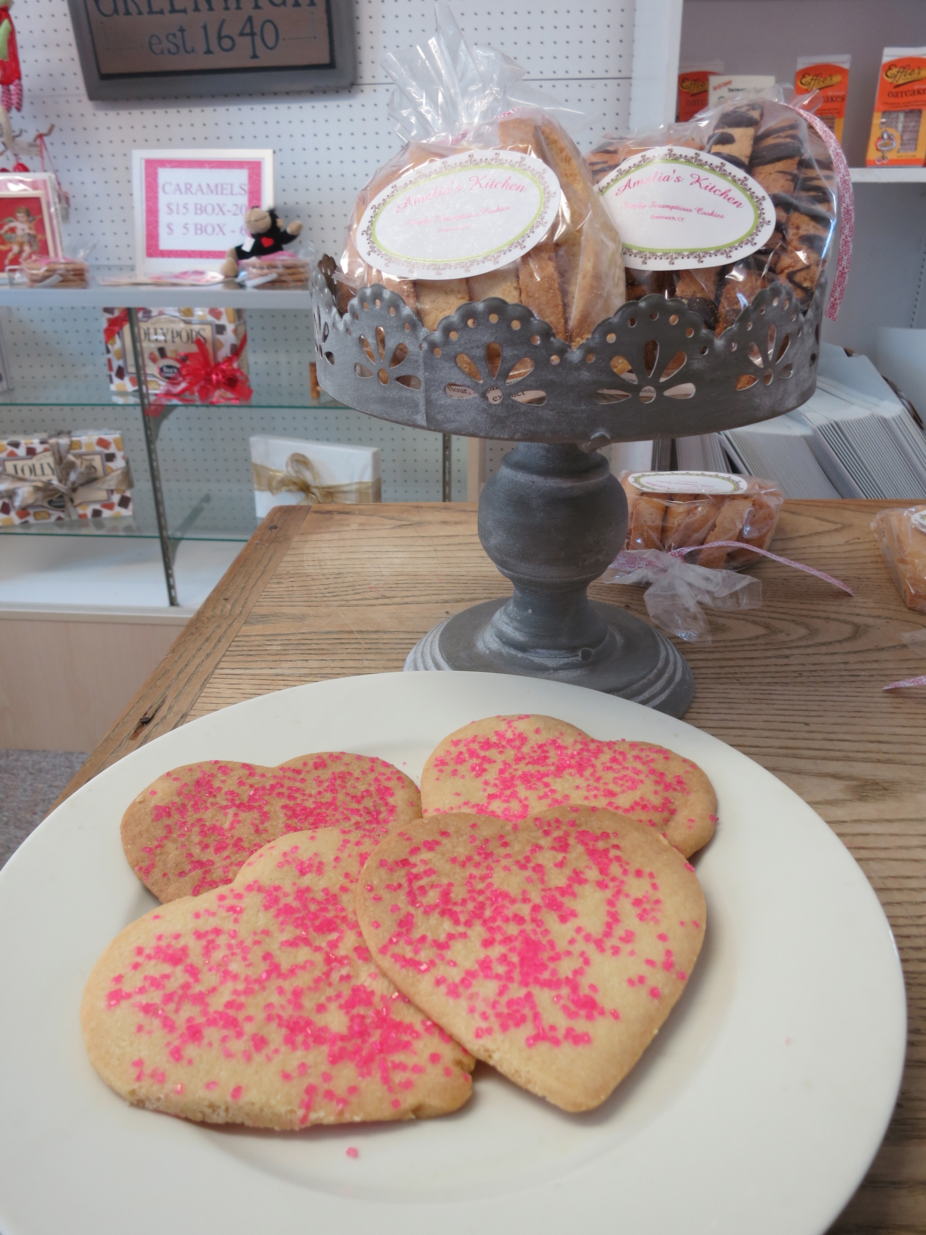 On Sherwood Place at the Greenwich Exchange for Women's work, biscotti and heart-shaped shortbread cookies from Amelia's Kitchen.