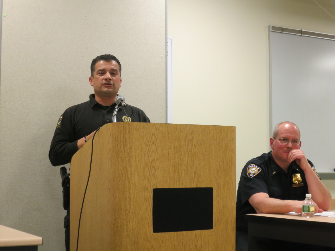 SRO Carlos Franco talks campus safety at a panel discussion at Greenwich High School. Photo: Leslie Yager