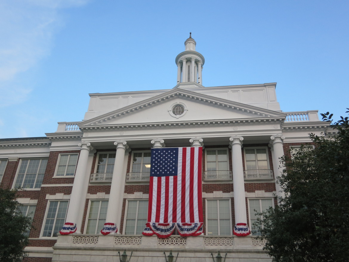 town hall with flag