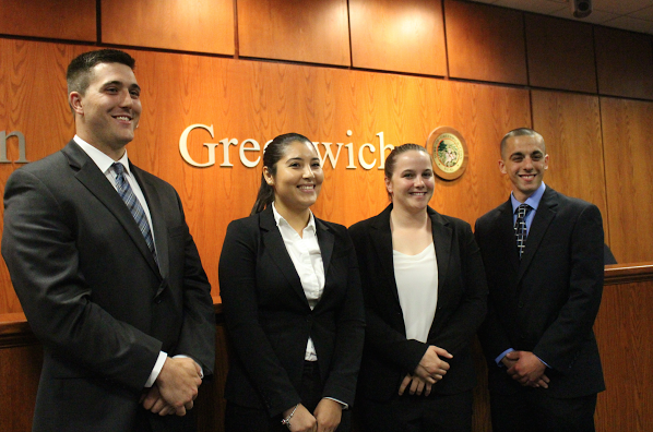 The four officers sworn in today, from left to right: Jonathan S. Mirra, Ericka E. Garcia, Kaitlin M. Ciarleglio, and Anthony R. Bello. Credit: Uma Ramesh