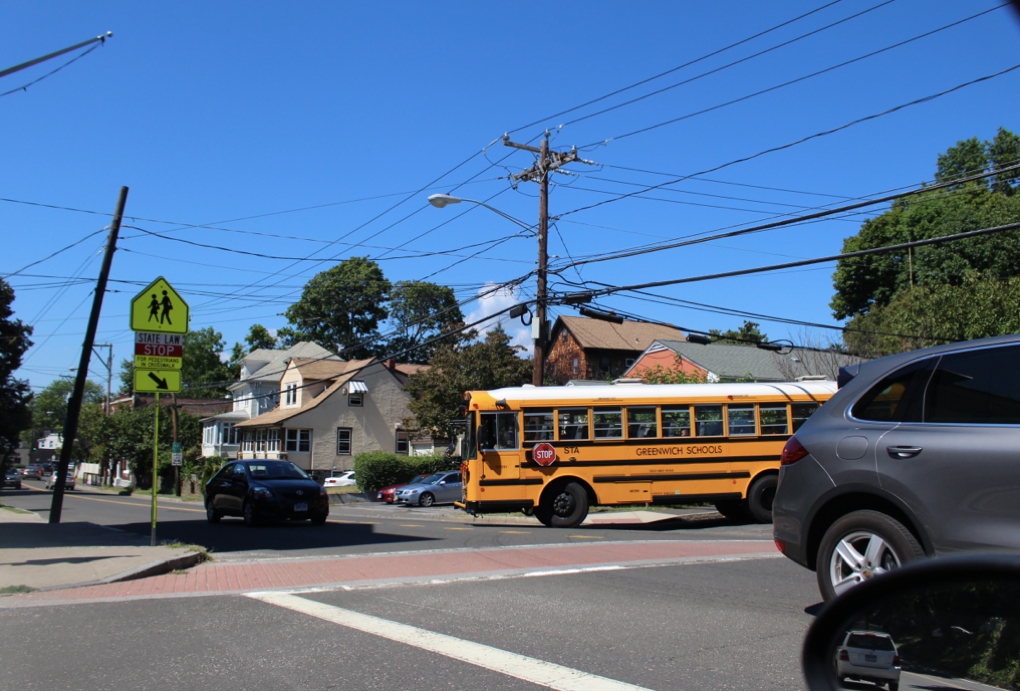 School bus turning onto Delavan Ave in Byram.