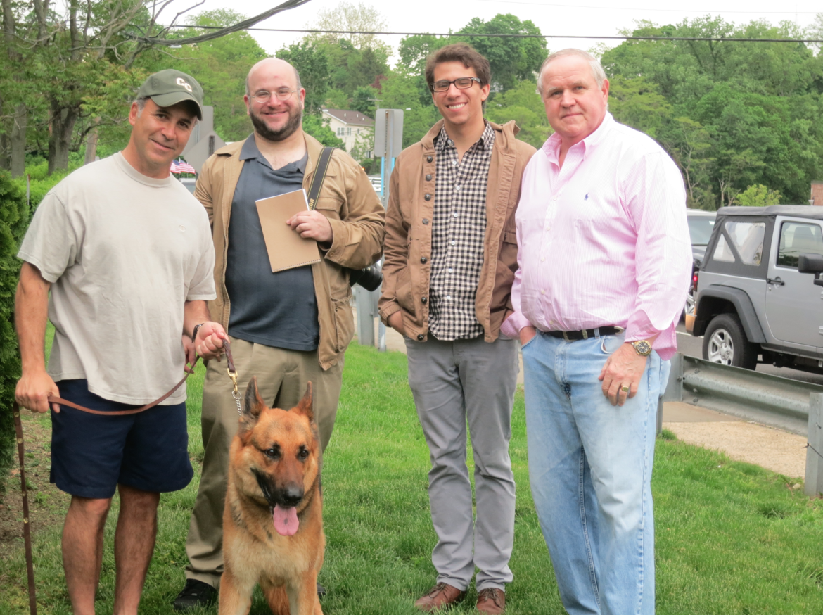 May 23, 2014, Dave Theis with friends Fred Camillo and his dog Rudy, Ken Borsuk, and Justin Pottle at the bridge that would become named after him.