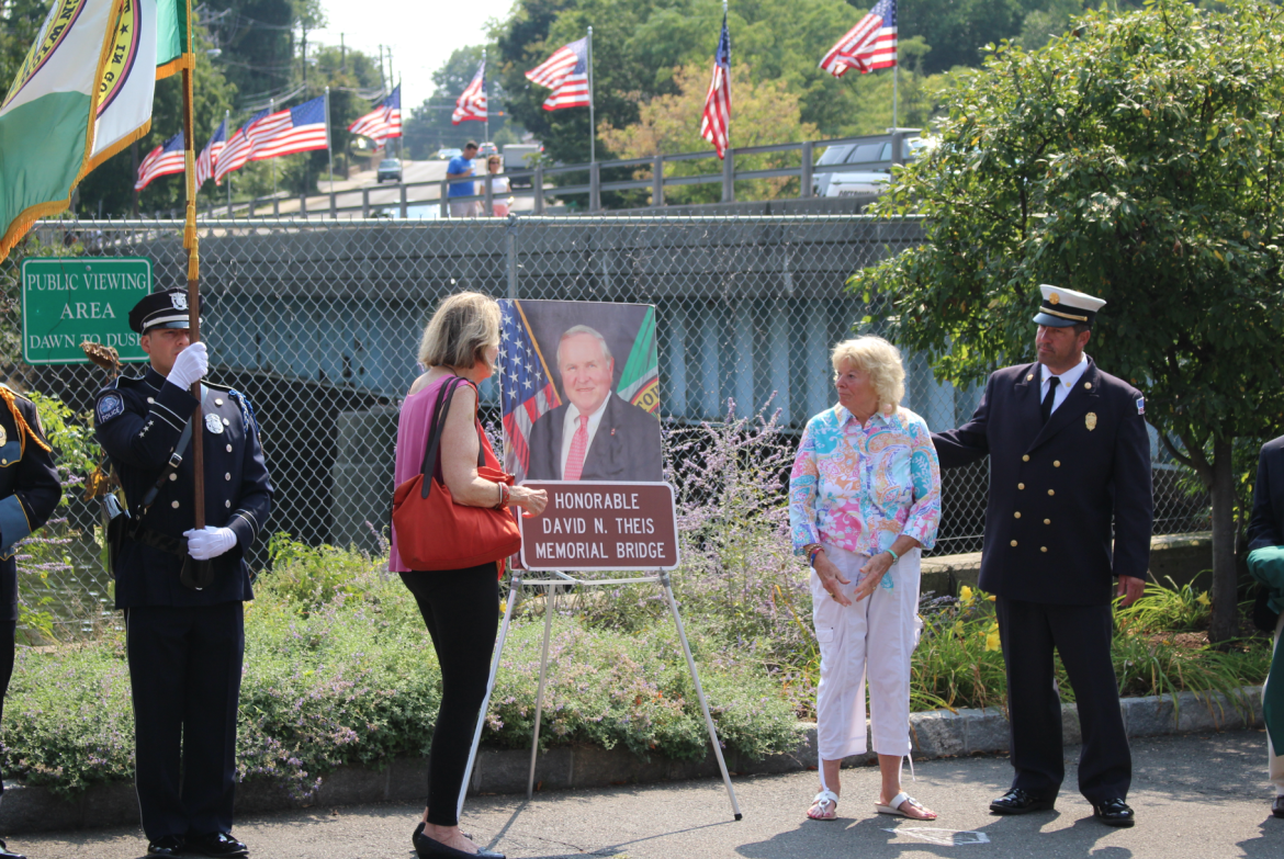 Ceremony dedicating the bridge over the Mianus River at Rte 1 in honor of Dave Theis who would have turned 66 on Sunday, August 30, 2015. Credit: Leslie Yager