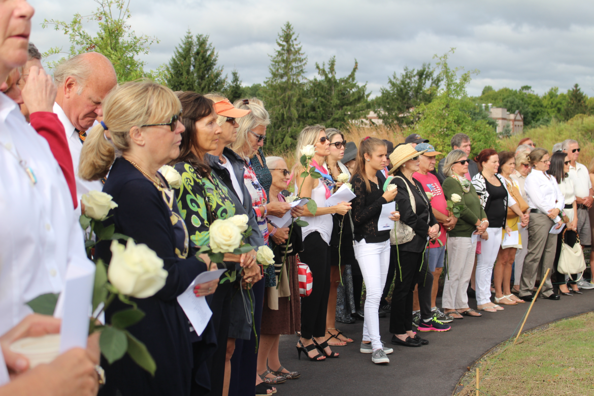 Hundreds turned out on Friday morning for the dedication of the September 11 Memorial in Cos Cob Park, Sept. 11, 2015 Credit: Leslie Yager