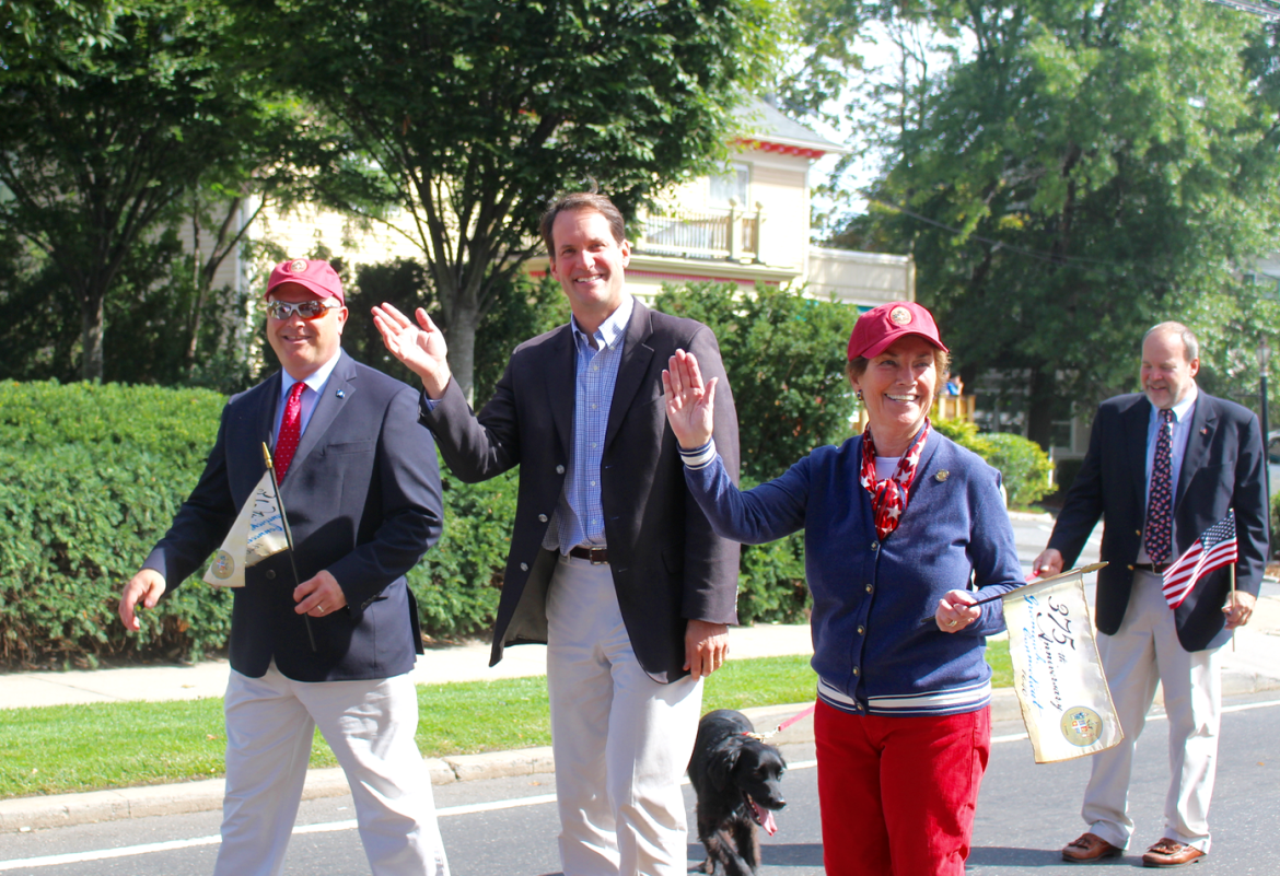 State Rep. Mike Bocchino, Congressman Jim Himes and State Rep Livvy Floren march in Greenwich's 375th anniversary parade, Sunday, Sept. 27, 2015. Credit: Leslie Yager