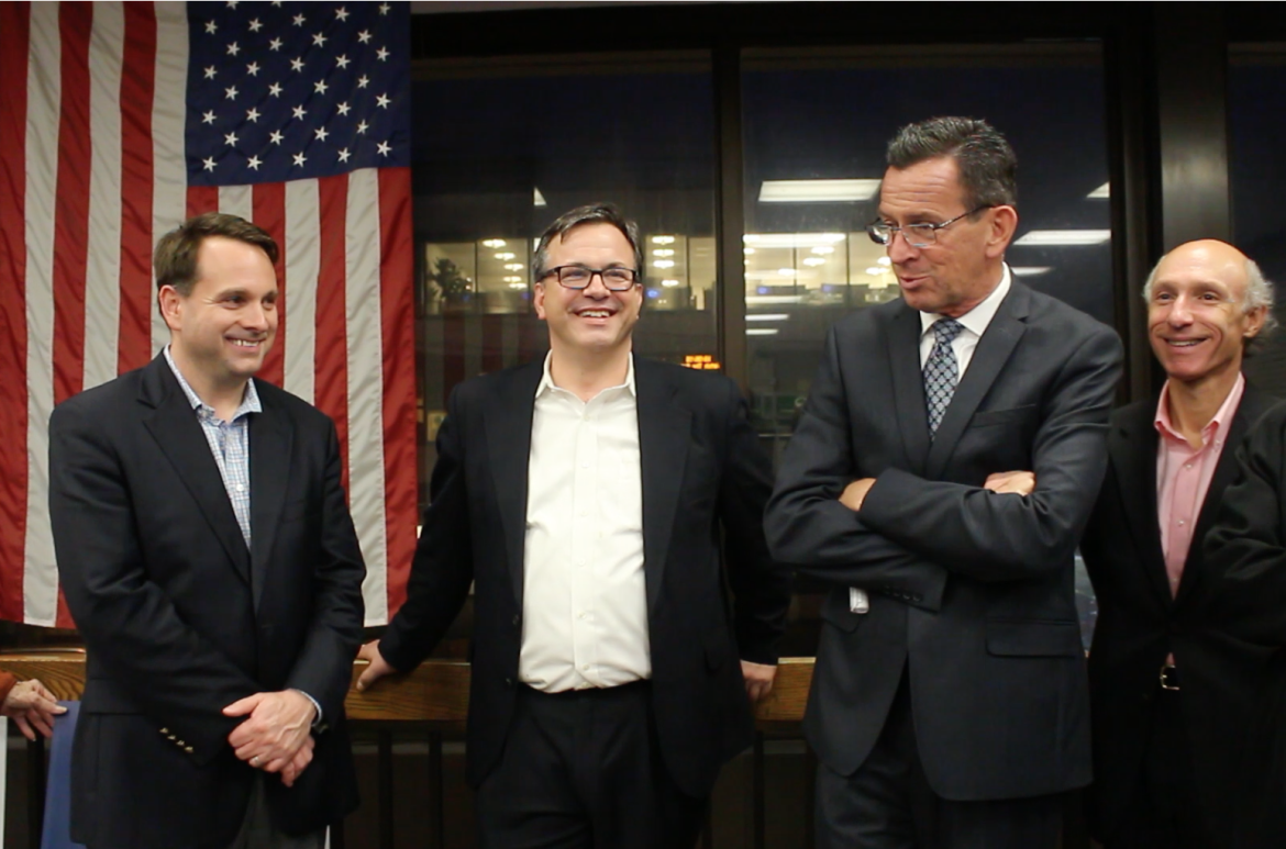 Selectman Drew Marzullo, Candidate for First Selectman Frank Farricker and Governor Dannel Malloy at Greenwich train station Oct. 28, 2015. Credit: Leslie Yager