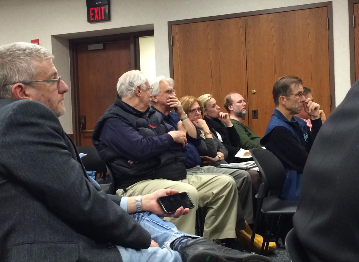 The audience at Monday's New Lebanon Building Committee meeting included former Board of Education member Pete von Braun, Joe Kantorski, and New Leb Principal Barbara Riccio. Credit: Leslie Yager