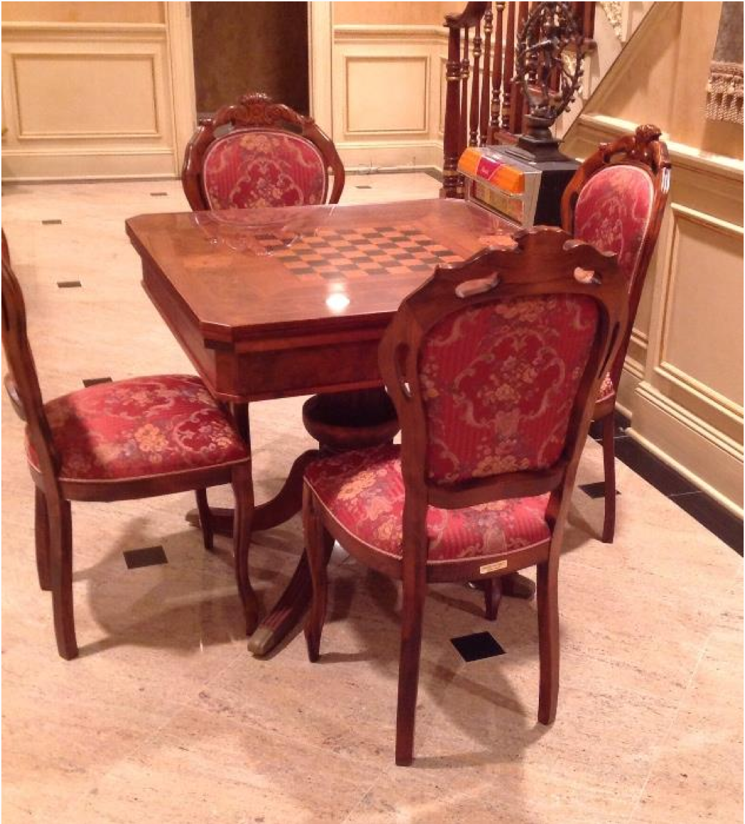 Duncan Phyfe style mahogany checkerboard top game table and four Victorian style chairs