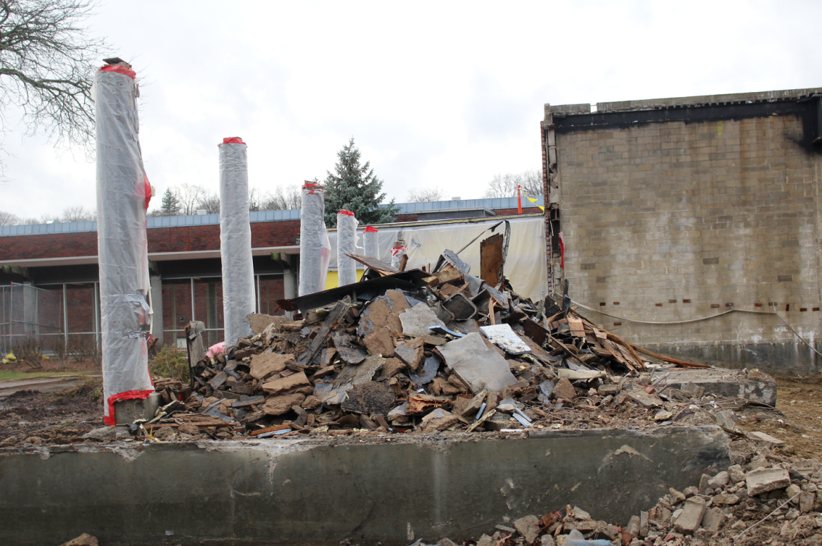 Old auditorium at Greenwich High School reduced to rubble, Dec. 24, 2015. Credit: Leslie Yager