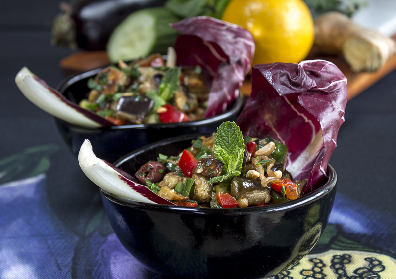 Delicious and Healthy Eggplant Salad with a Meyer Lemon-Ginger Dressing. Credit: Karen Sheer