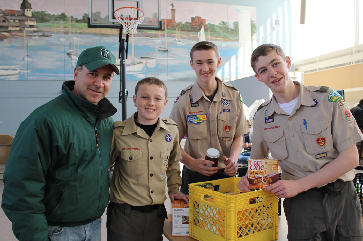 State Rep. Fred Camillo, honorary chair of the Scouting for Food drive with Robert Freder, an 8th grader at Western; Will Freder, a GHS junior; and Eric Parker a GHS junior. Credit: Leslie Yager