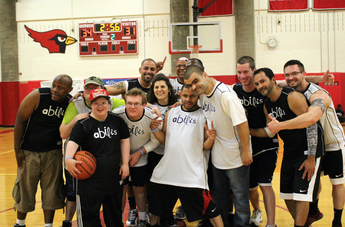 Abilis hoops team: Tina Stallone, Marco Torres, Mike Dombrowski, Ed Oquendo, Danny Acosta, Paul Jasmine, Kenneth Crawford, Spencer Gregoire, Susie Figgie, Theo Brown, Joey Mancuso, Chris Walker, Ross Perry, and George Mastin. Credit: Leslie Yager