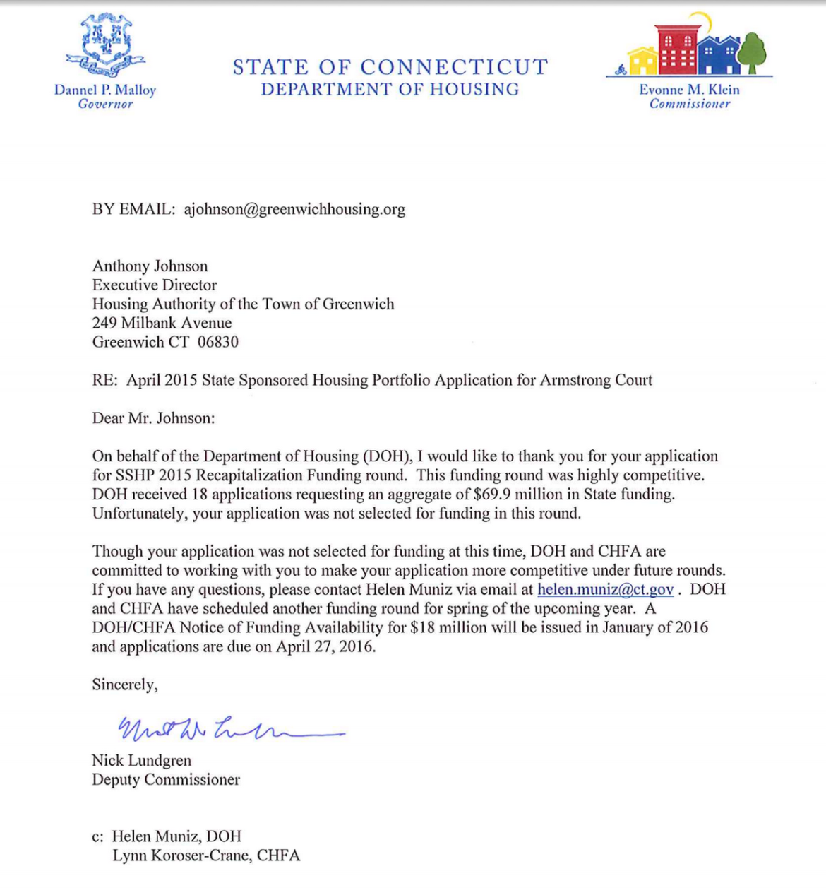 funding rejection fro Dept of Housing, State of CT, Evonne M Klein, commissioner, singed by Nick Lundgren