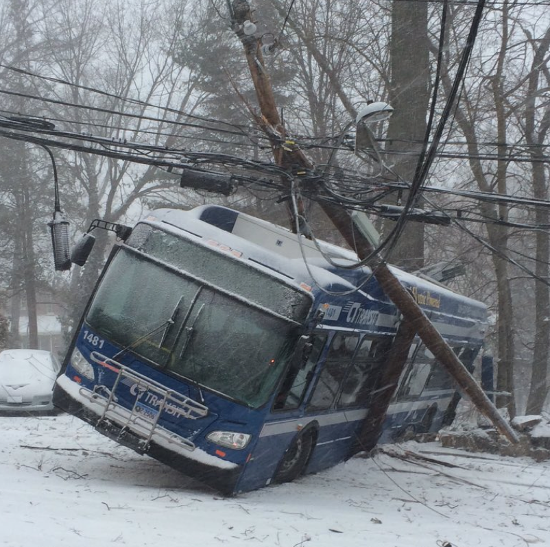 CT Transit bus crashes into pole during blizzard. Photo Greenwich CT Police Dispatch Twitter feed