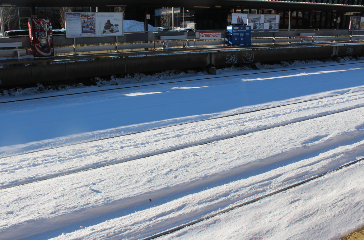 Snow on the railroad tracks. No service on Metro-North. 10:30am, Jan. 24, 2016 Credit: Leslie Yager