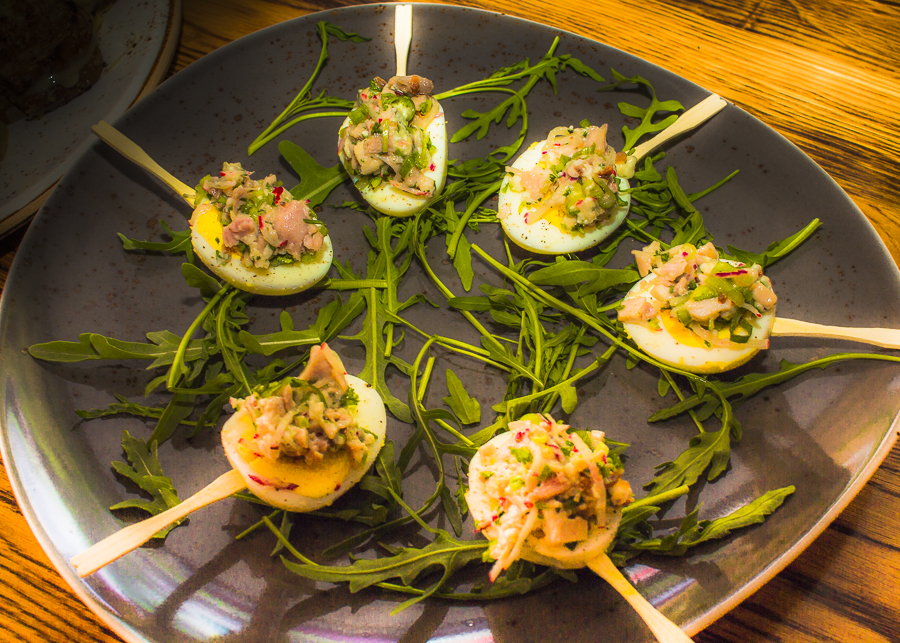 Cobb Salad filled Deviled Eggs were irresistible and creatively prepared. Credit: Karen Sheer