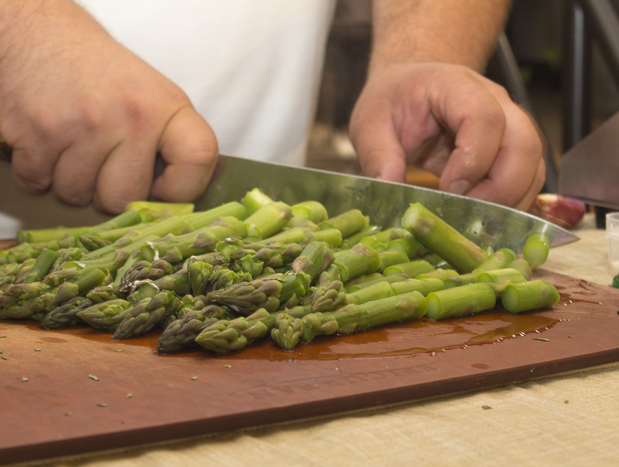 Spring asparagus was cut into small lengths and cooked, then a compound butter was whirled in. Credit: Karen Sheer