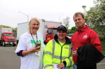 On Household Hazardous Waste Disposal Day 2015: Sally Davies of the Greenwich Recycling Advisory Board (GRAB), Nichole Tomczyk, DPW employee who works at Holly Hill, and Patrick Collins, the Environmental Operations Manager at Holly Hill. Credit: Leslie Yager