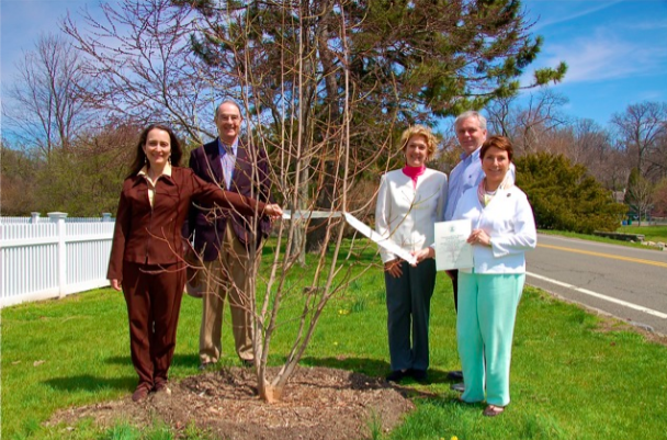 Original planting of Magnolia tree, standing Left to Right, Cheryl Dunson, Vice President of the Greenwich Tree Conservancy, Peter Malkin, President, standing behind her, JoAnn Messina, Executive Director, Bruce Spaman, Greenwich Tree Warden, and Livvy Floren, Advisory Board member.