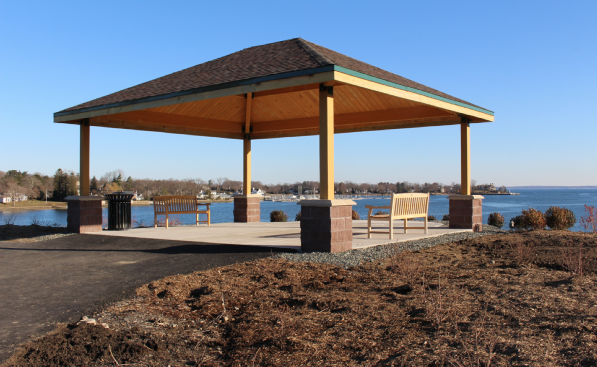 Cos Cob Park features an open air pavilion shelter area with panoramic views of Long Island Sound. The park features 9 acres of parks space. Credit: Leslie Yager