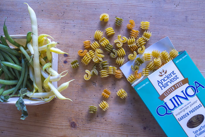 Add at the end – pasta and fresh cut green and wax beans. Use gluten- free pasta if you choose – like this one. Credit: Karen Sheer
