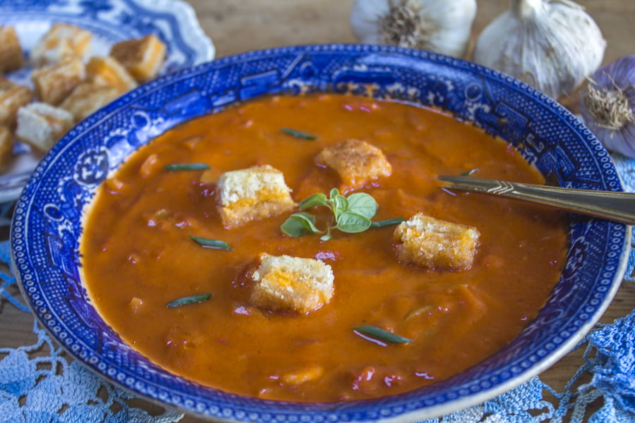 Rustic Tomato Soup with extra garlic and grilled cheese croutons. Credit: Karen Sheer