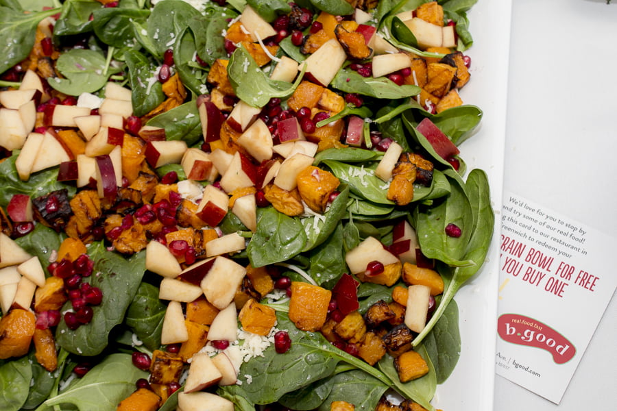A healthy Spinach, Butternut Squash and Apple Salad from b.good. Credit: Karen Sheer