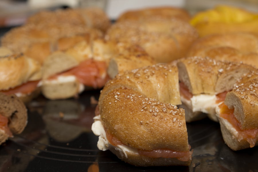 Hand-sliced Smoked Fish with Cream Cheese on a Bagel from Mount Kisco Smokehouse. Credit: Karen Sheer