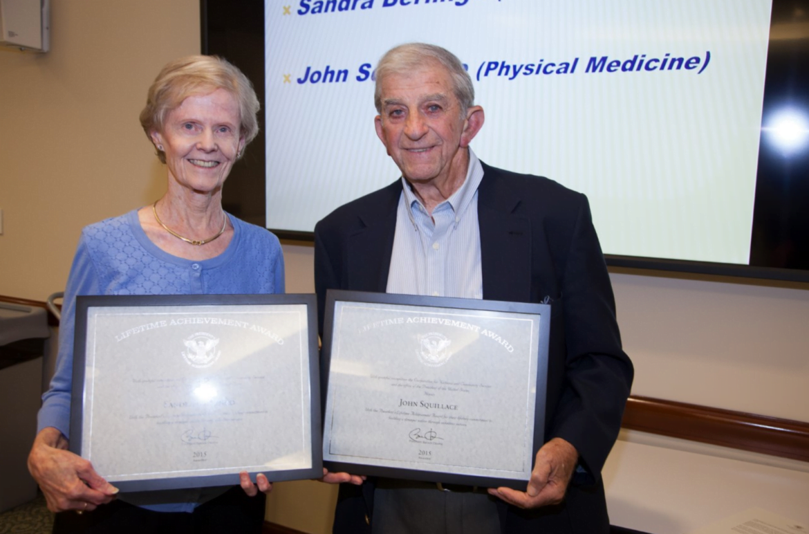 Caption: Greenwich residents Sandra Berlingo and John Squillace received the 2016 President’s Call to Service Award for providing more than 4,000 hour of service to Greenwich Hospital. 
