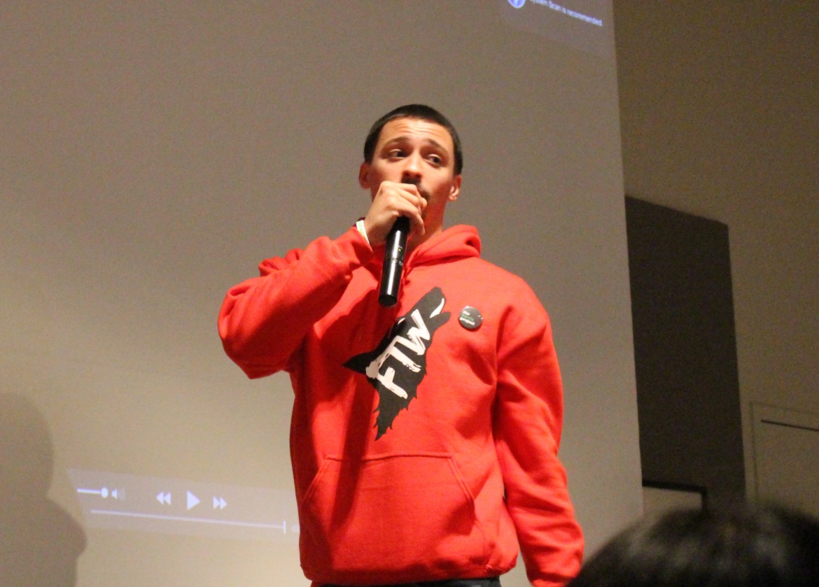  Giovanni Rivera speaks to a crowd of about 100 at the Bruce Museum during the Stress, Success and Teenage Setbacks forum, which focused on mental health. Nov. 10, 2016 Credit: Leslie Yager