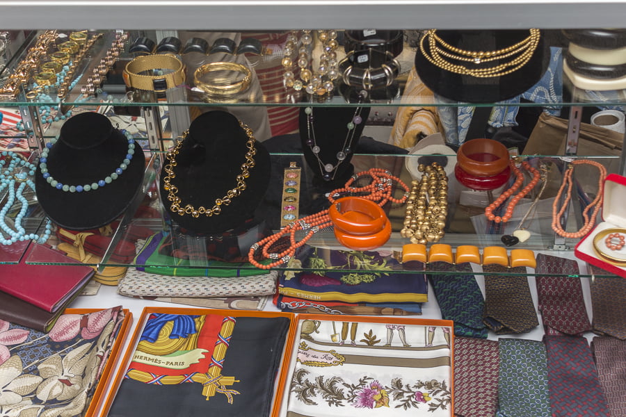 A collection of jewelry, Scarves and ties from Michele Fox Antiques & Design. Credit: Karen Sheer