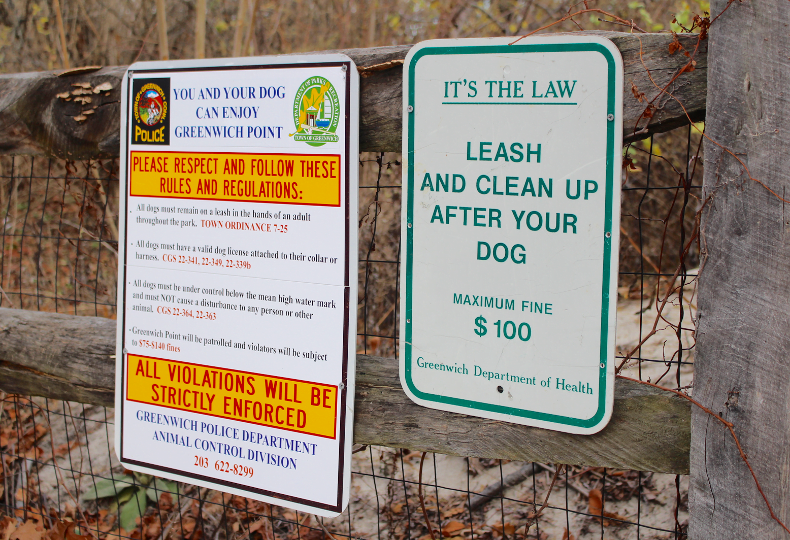 Rules and Regulations posted between parking lot and beach at Tod's Point. 