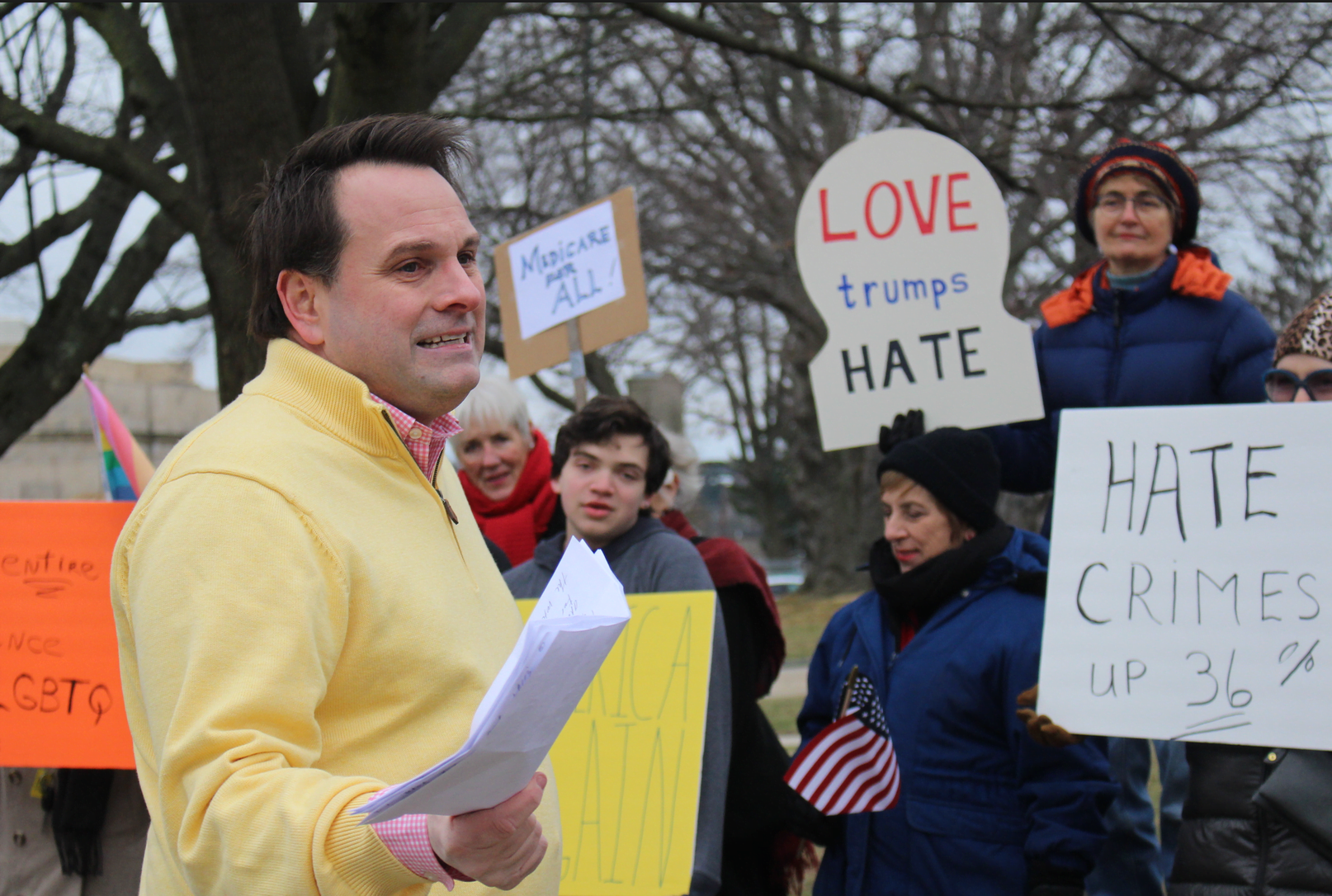 Drew Marzullo at the anti-hate demonstration