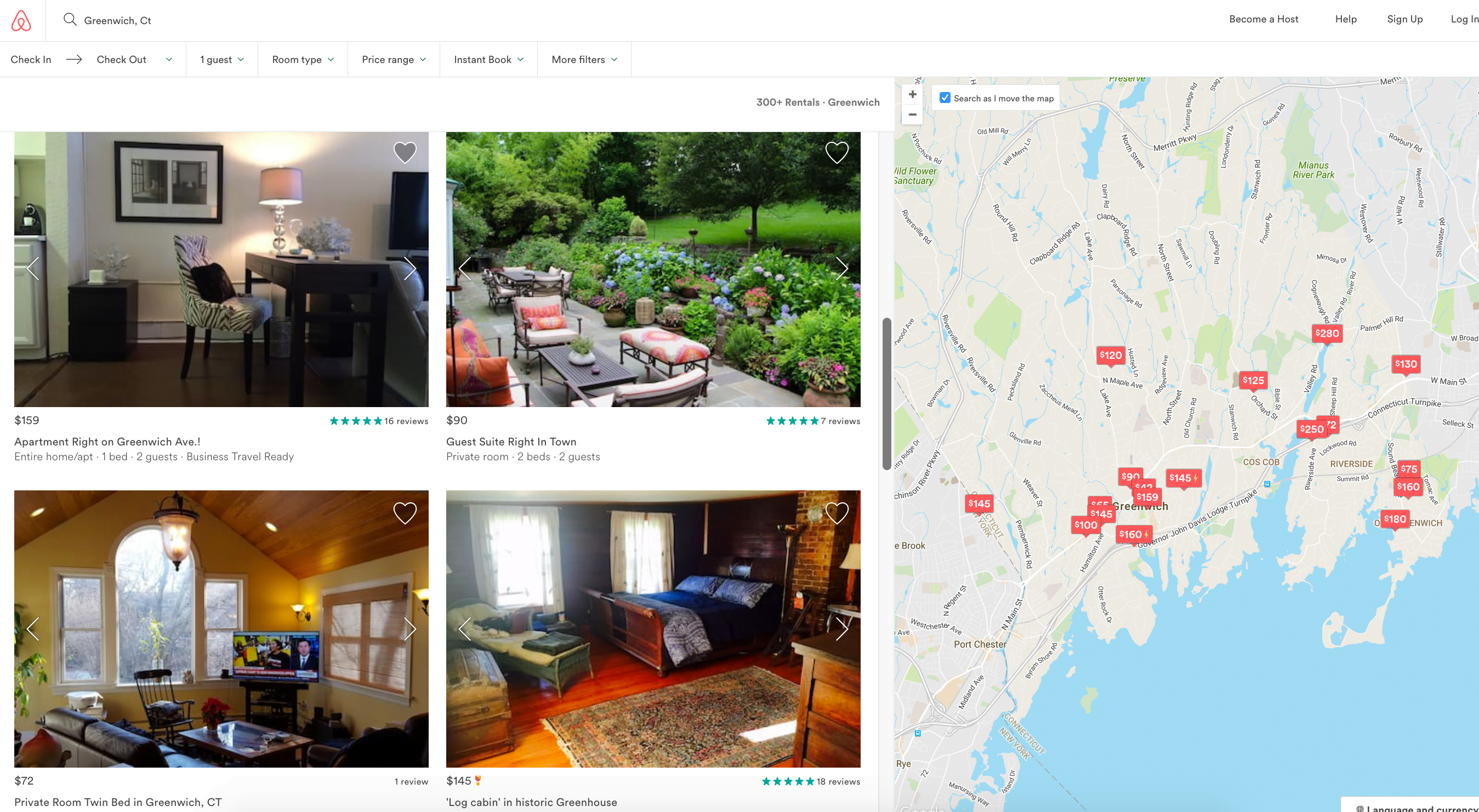 A few listings that pop up in an Airbnb.com search in Greenwich.