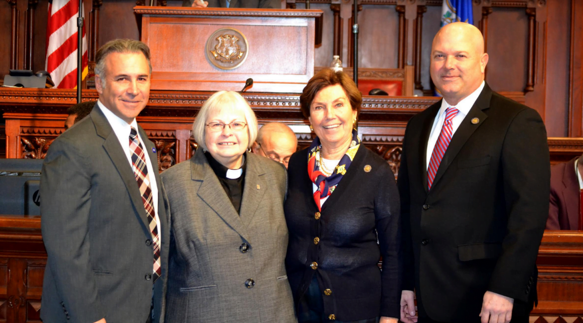 Reverend Carol Bloom with State Reps Fred Camillo, Livvy Floren and Mike Bocchino. Feb 8, 2017 contributed photo