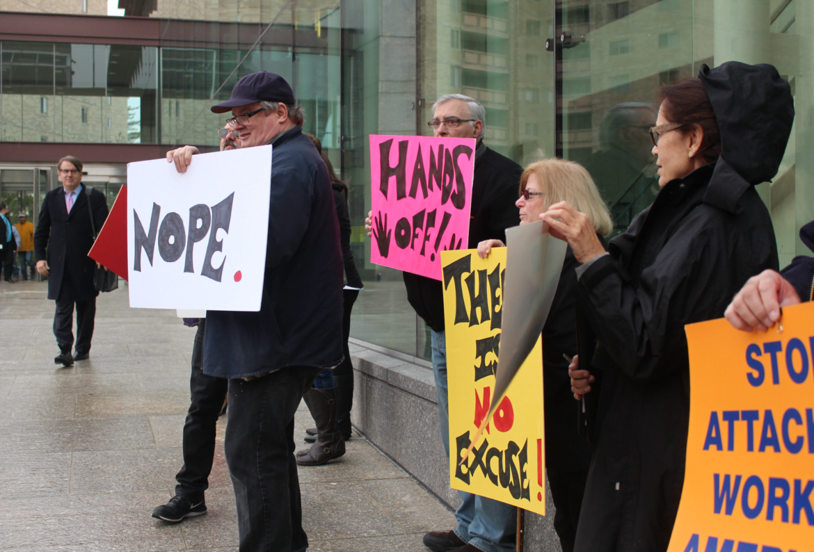 Protesters outside Stamford Superior Court on Wednesday, Feb 22, 2017