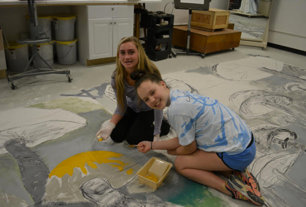 Ava Doherty and Katie Asness working on the mushroom painting