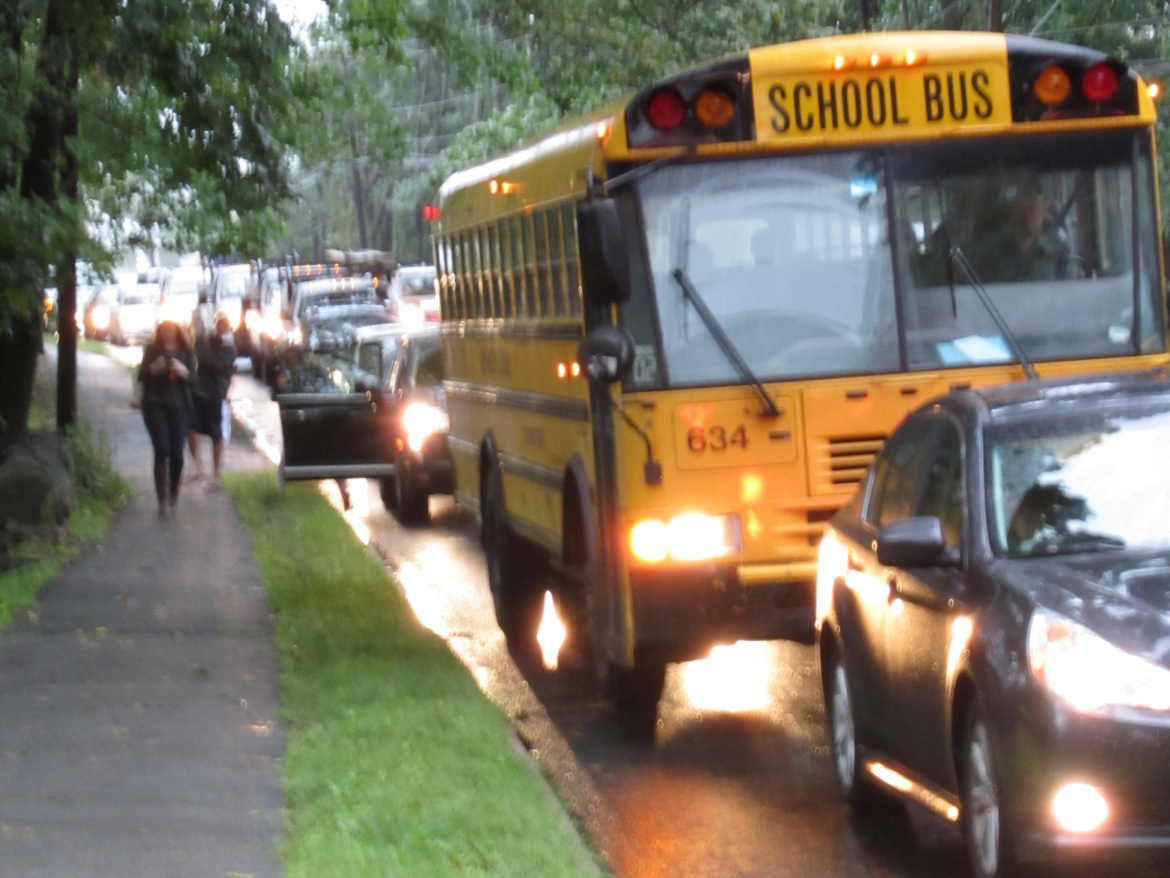 Traffic backed up onto East Putnam Avenue during drop off at Greenwich High School. Photo: Leslie Yager