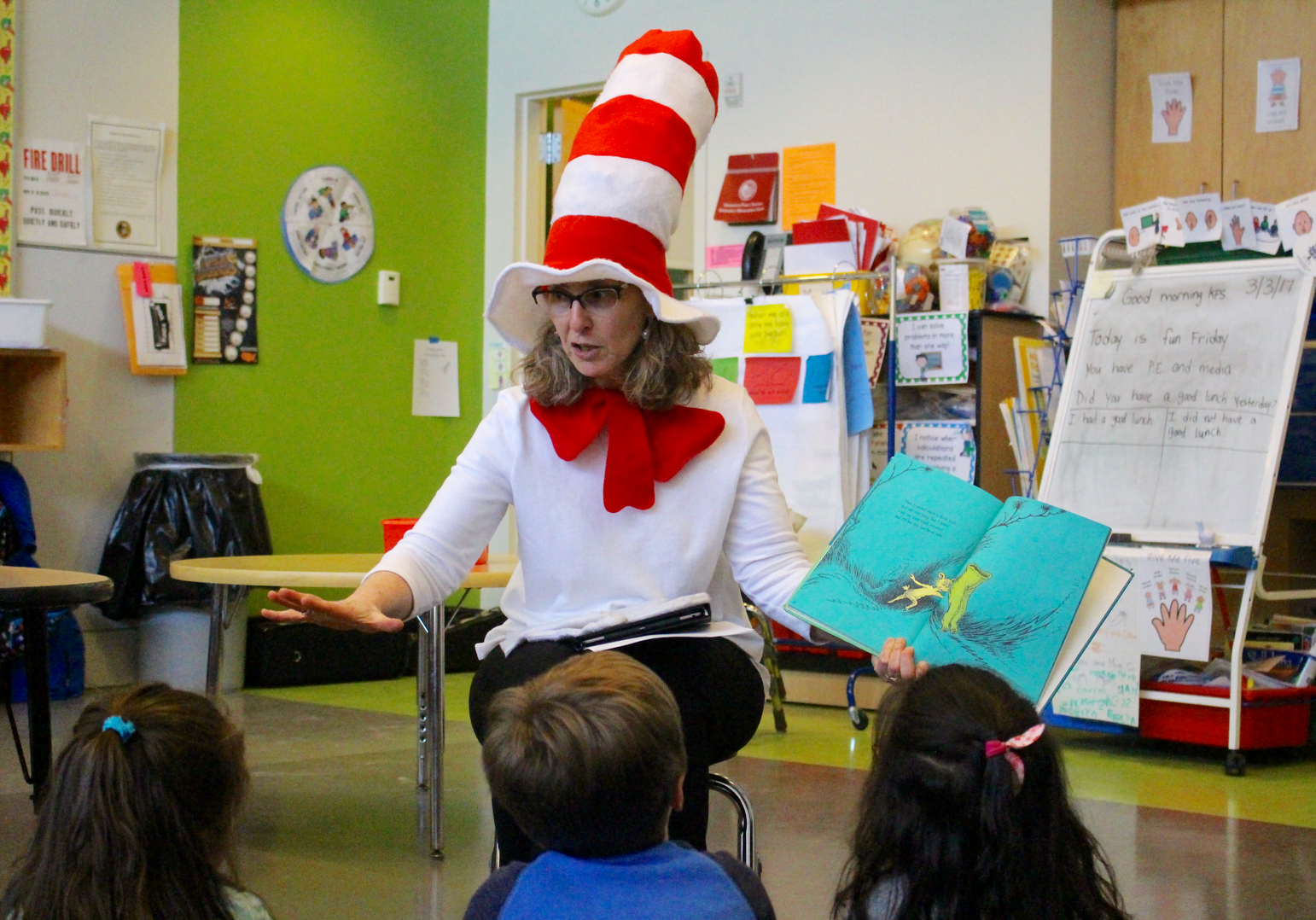 Hamilton Avenue School Principal Cindy Rigling read to kindergartners on March 2. Photo: Leslie Yager