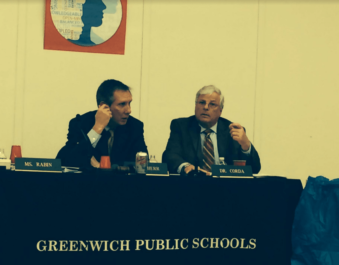 Peter Sherr and Sal Corda at the March 23, 2017 Board of Education meeting at International School at Dundee. Photo: Leslie Yager 