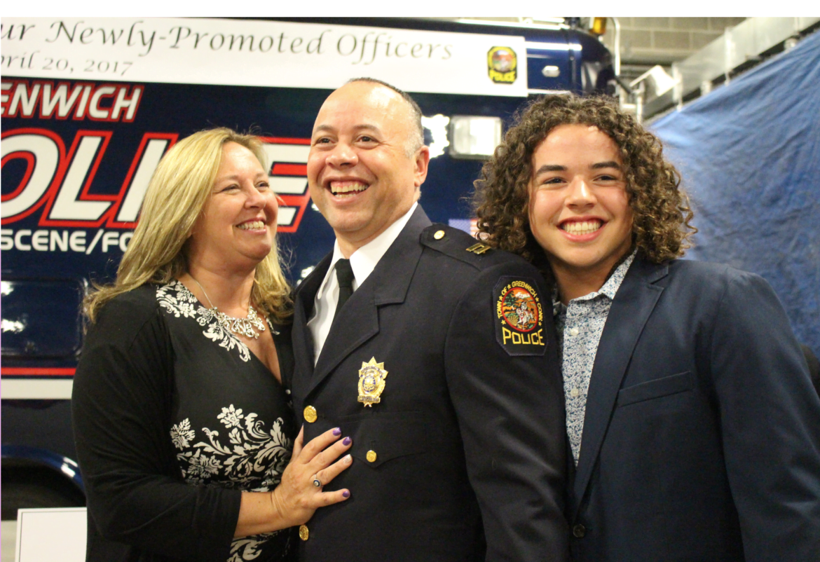 Newly promoted Captain Kraig Gray flanked by his wife Dawn and son Lincoln. April 20, 2017 Photo: Leslie Yager