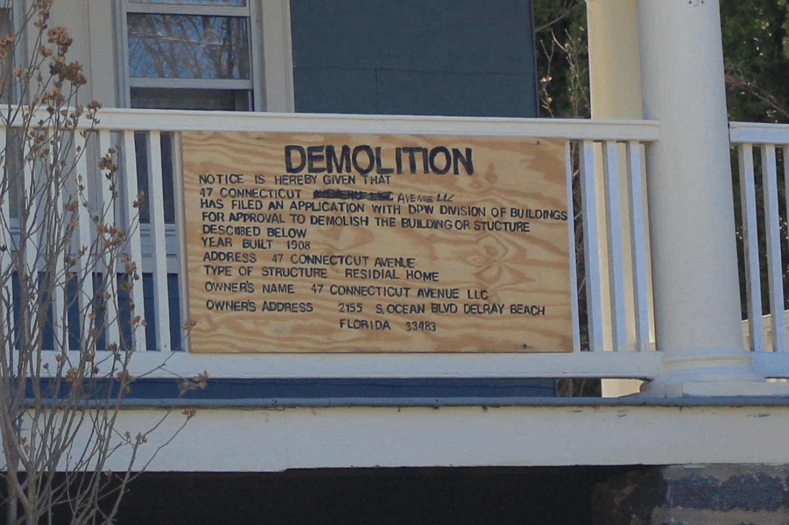 Demolition sign posted outside 47 Connecticut Ave. 