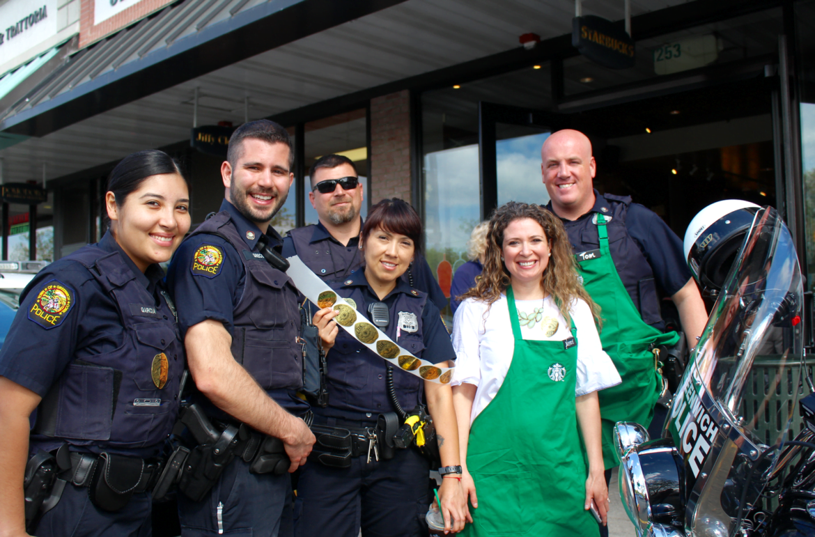 Officer Erika Garcia, Officer Andrew Greco, Officer Vincent Loria, Officer Shirley Rilett, Officer Tom Heustis, and Starbucks Manager, Nikkie Coetzee at Riverside Starbucks for Coffee with a Cop