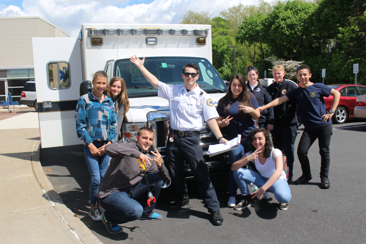 At Greenwich High School's safe driving day, members of the Greenwich EMS Explorer Post 911 at Safe Driving Day at GHS on Tuesday, May 9, 2017 Photo: Leslie Yager