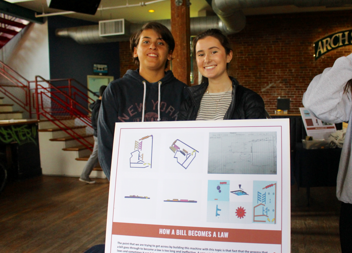 Innovation Lab students from Greenwich High School set up their exhibition at Arch Street Teen Center on May 10, 2017 Photo: Leslie Yager