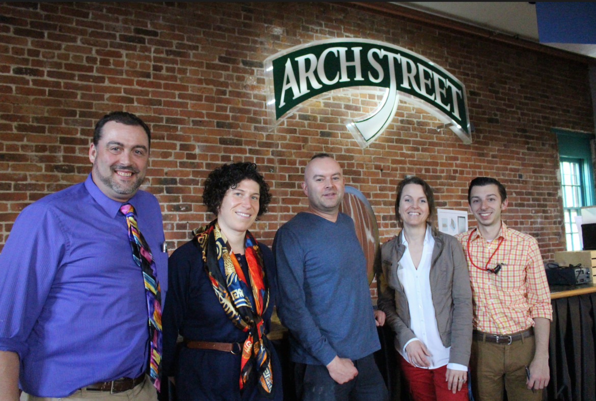 Dana Schlosser (Inn Lab teacher), Corinne Flax (Bruce Museum), Kyle Silver (Arch Street Teen Center Director), Sarah Goldin (Innovation Lab teacher) and Brian Walach (Innovation Lab teacher) at the Arch Street Teen Center