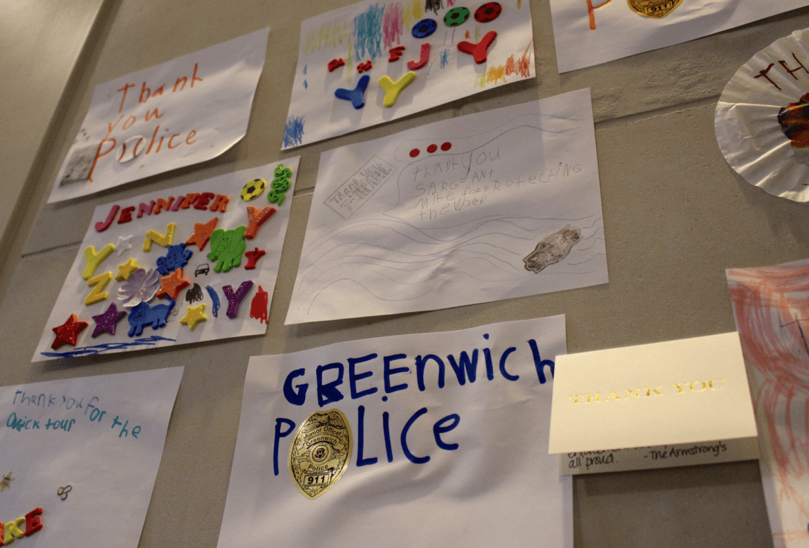 The Junior League and girls from Tweens Taking Action offered children a chance to write thank you notes to Greenwich Police. May 13, 2017 Photo: Leslie Yager