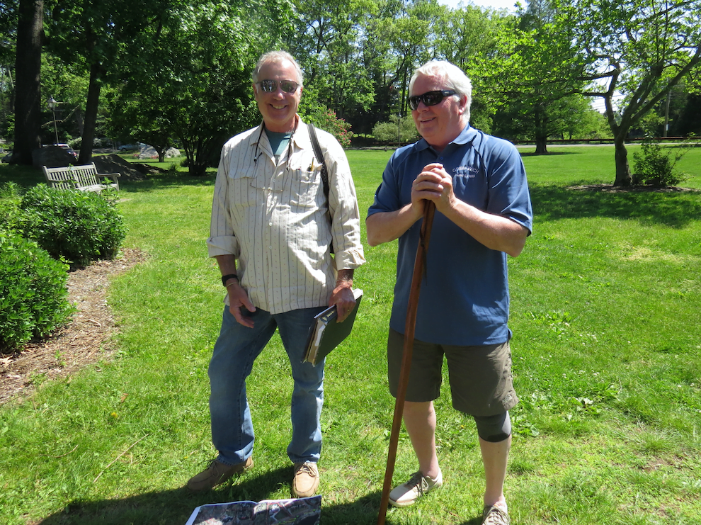 Town Tree Warden Bruce Spaman and Secretary of the Greenwich Tree Conservancy Mark Greenwald getting ready to lead the tree walk. May 21, 2017. Photo: Devon Bedoya