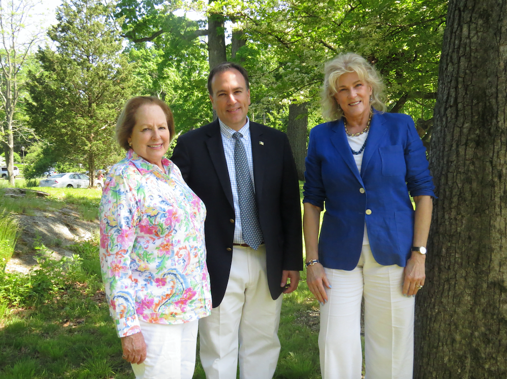 Greenwich Tree Conservancy board members Mary Hull and Leslie Lee welcome First Selectman Peter Tesei to the event. May 21, 2017. Photo: Devon Bedoya