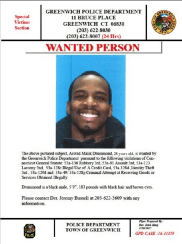 Wanted poster for Mr. Aswad Malik Drummond. Photo Town of Greenwich Website
